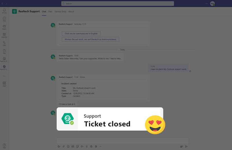 Closed ticket in Ticketing Integration for MS Teams